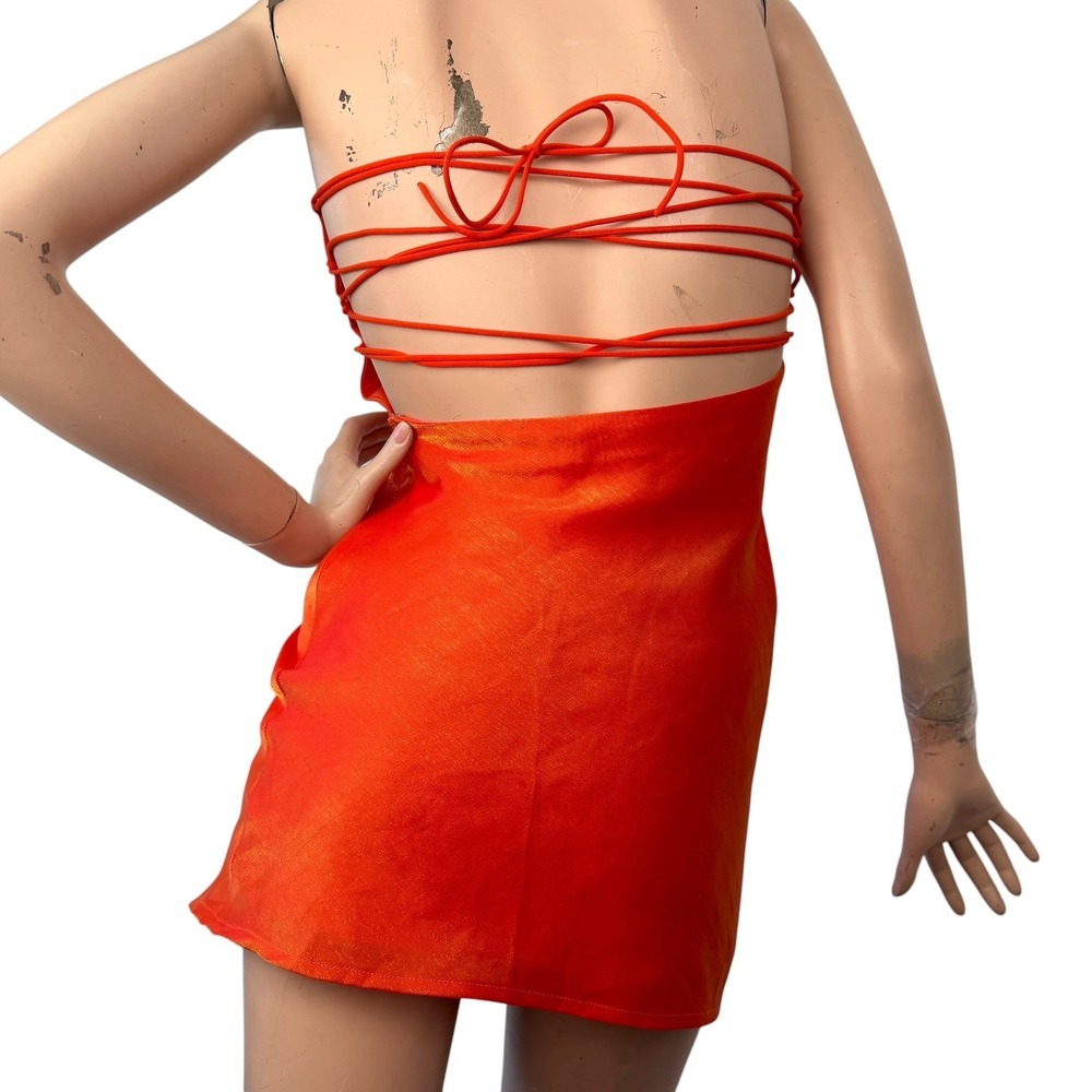 White Fox Strapless Mini Dress Orange Metallic Tie Up Back Vintage Y2K Baddie XS - Picture 5 of 13